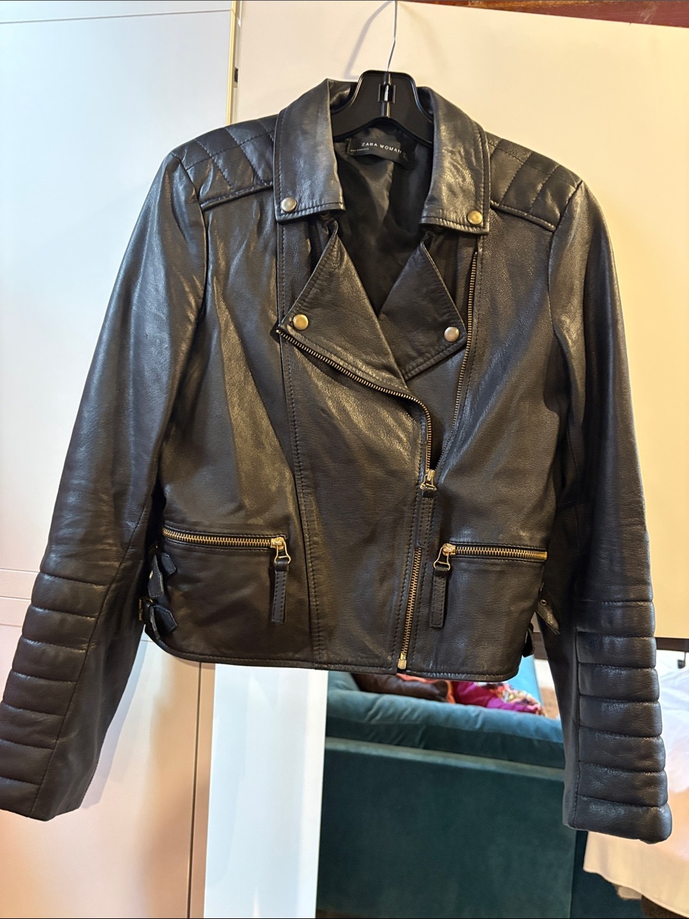 Zara Black Quilted Sleeve Leather Moto Jacket
